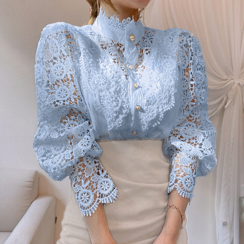 Camisa de cuello alto con botones de gasa para mujer, blusa elegante de manga larga con encaje Floral, esponjosa, color blanco, 2024