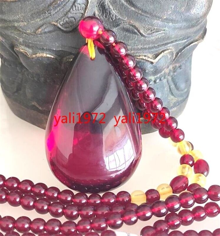 Certified 52mm Natural Red Amber Waterdrop Pendant + 6mm Beads Necklace 25"