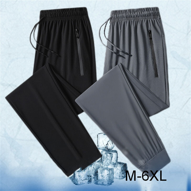 Celana olahraga hitam jaring bernapas pria, celana joging, celana panjang longgar kasual, celana Track ukuran besar 5XL 6XL, musim panas