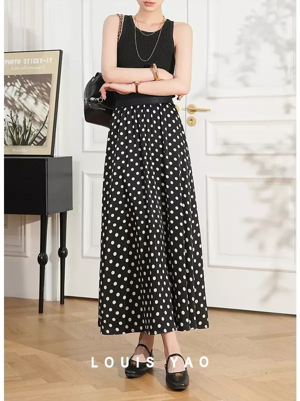 LOUIS YAO-Falda larga de lunares para mujer, prenda de cintura alta, estilo Retro, primavera y verano, 2024