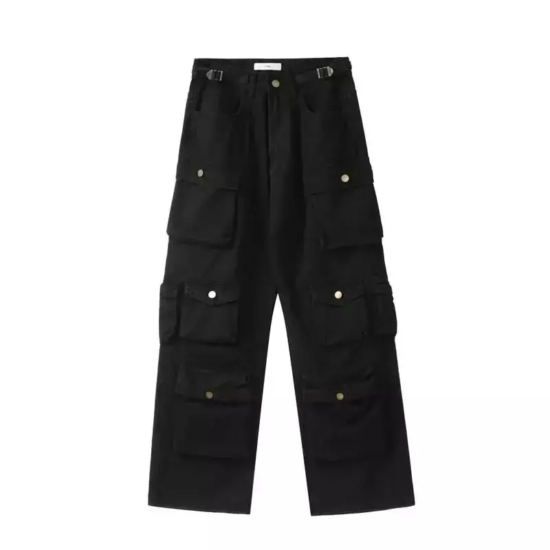 Harajuku Retro Solid Multi Pocket Wide Leg Cargo Pants Functional High Waist Pants Style Hip-Hop Straight Trousers Women Jeans