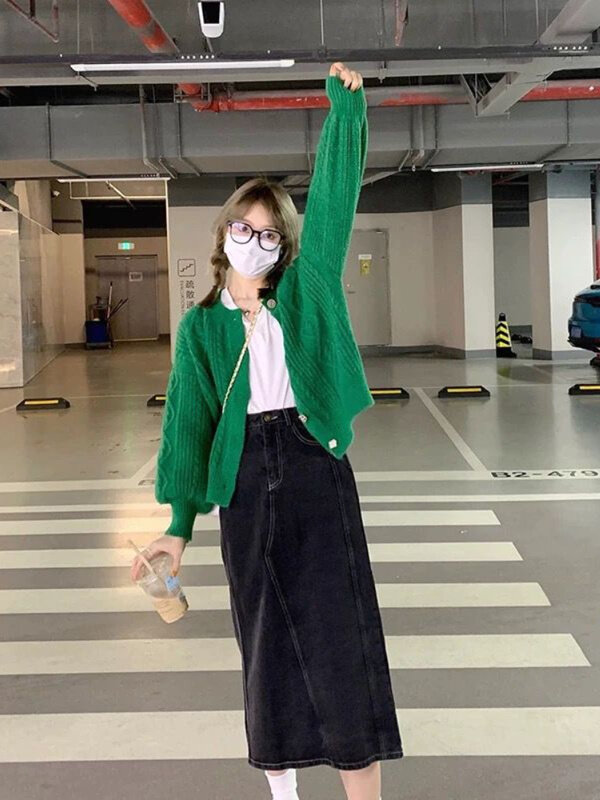 Женский винтажный Укороченный кардиган в стиле Харадзюку, зеленый Вязаный Свитер оверсайз в Корейском стиле, повседневные топы с длинным рукавом, уличная одежда в стиле 90-х