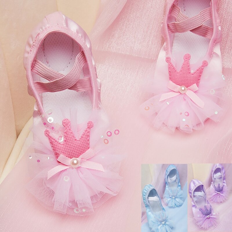 Zapatos de Ballet para niños y niñas, calzado de baile profesional de satén con encaje de corona, suela suave, zapatos de princesa de entrenamiento profesional