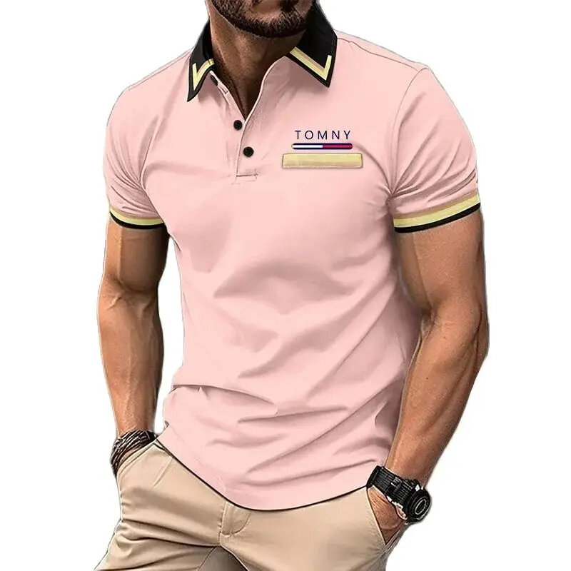 TOMNY-Polo masculino de bolso no peito, camiseta de botão, top respirável, estampa casual, moda verão, novo, 2024