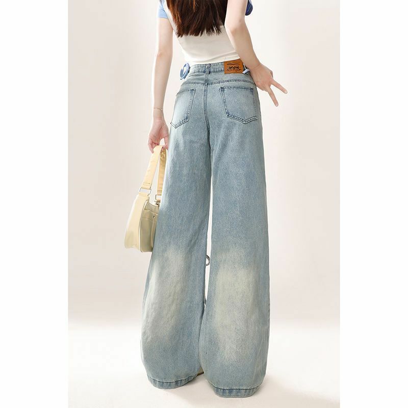 Pants Multi-Pocket Love Laces High Waist 2024 Blue Women'S Fashion Harajuku Straight Leg Jeans Baggy Large Size Denim Overalls