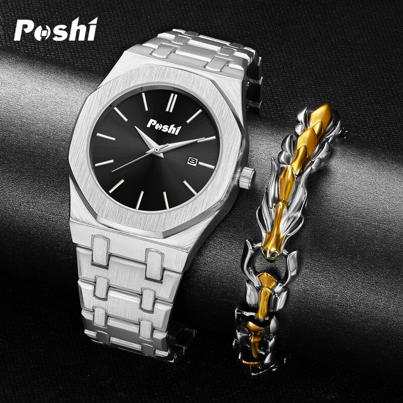 POSHI-Relógio de quartzo masculino com pulseira de aço inoxidável, mostrador simples, relógio de pulso comercial, moda luxo, data, 2023