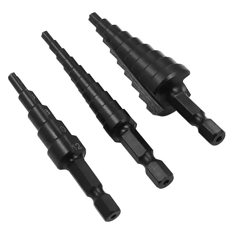 3Pcs Hexagonal Handle Nitrided Black Straight Groove Ladder 3-12 4-12 4-20 High-Speed Steel Woodworking Pagoda Drill Hole Opener