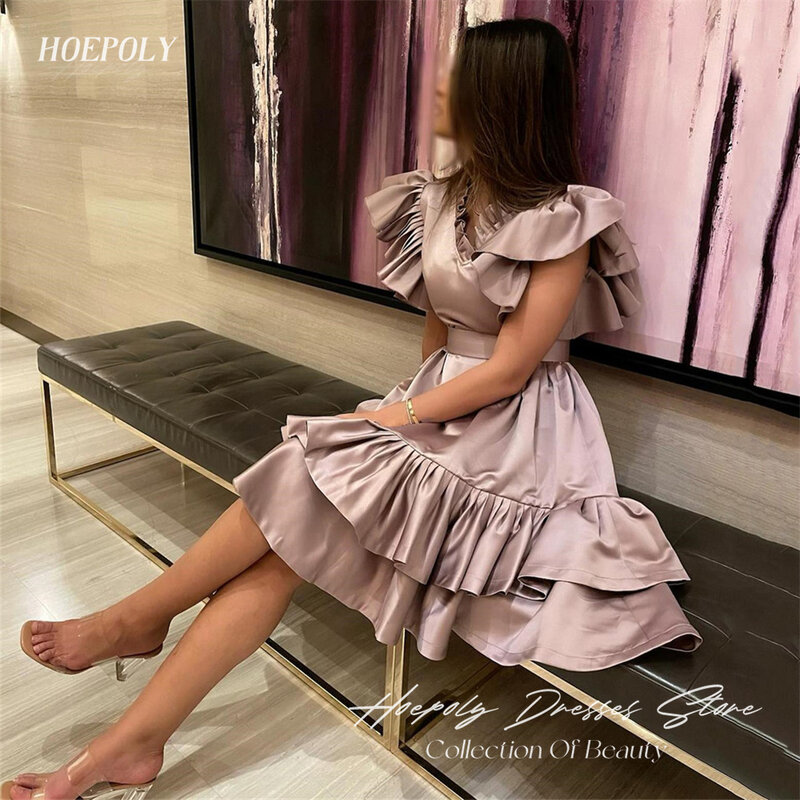 Hoepoly-فستان سهرة رسمي ، رقبة على شكل V ، بدون أكمام ، ثنيات ، خط ، قصير ، طول الركبة ، أنيق ، فستان حفلة موسيقية أنيق ، جديد في 2023