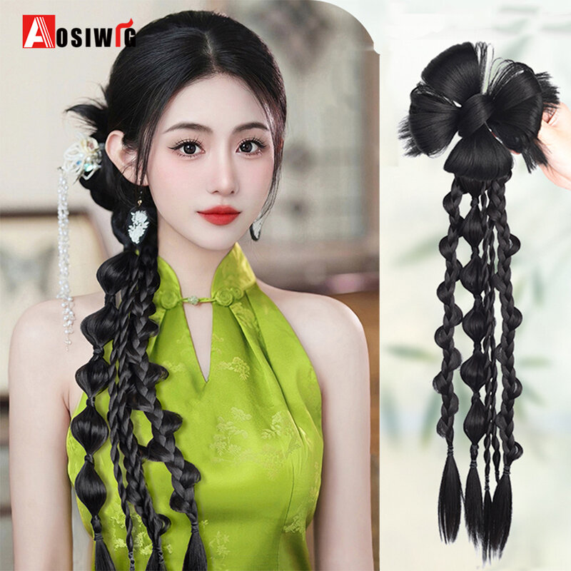 Synthetic Long Ponytail Flower Braid Two Strands Twisted Braid With Chignons New Chinese Style National Style Braided Bridal Hai