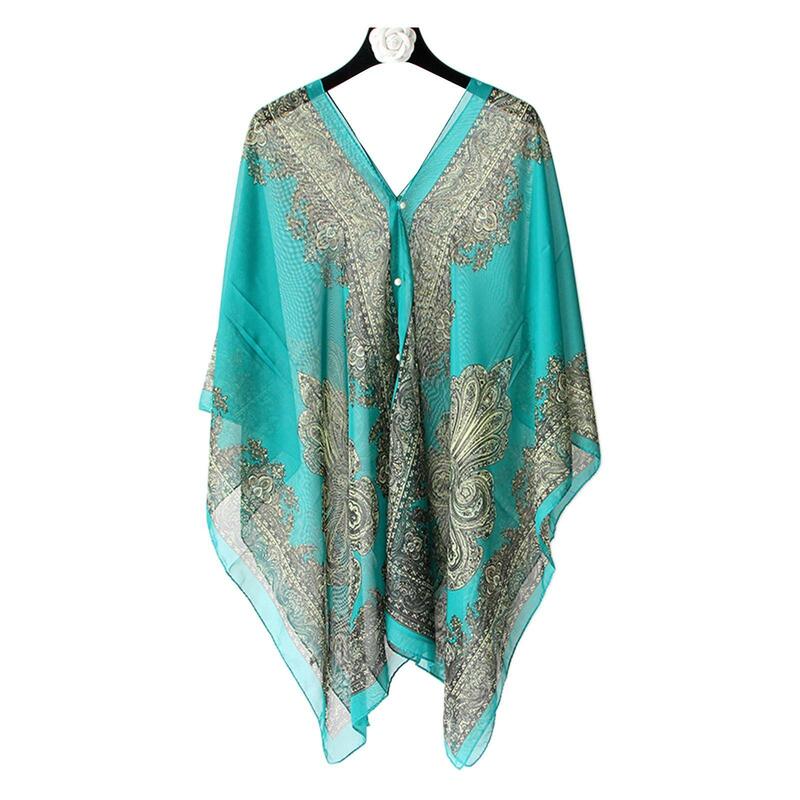 Fashion Women Clothes Summer Beach Bikini Cover Up Loose Chiffon Blouse Shawl Scarf with Buttons