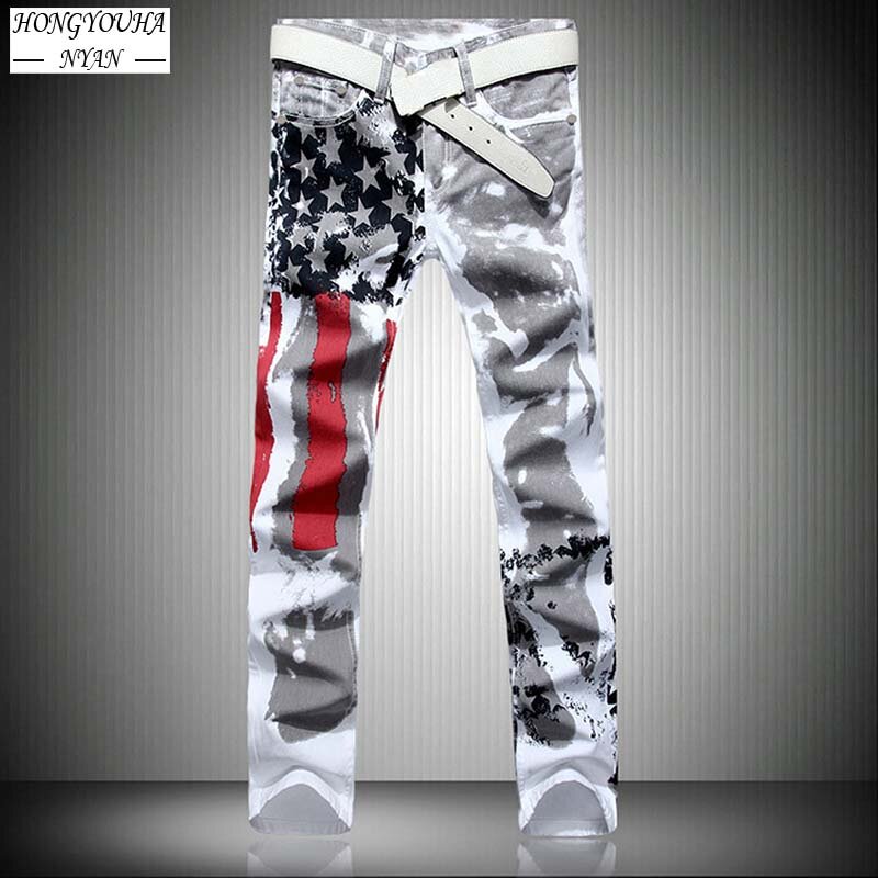 Jeans estampado com bandeira americana masculina, streetwear masculino, calça casual, Harajuku, elástico alto, calça jeans reta, Hip Hop, moda