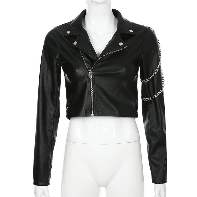Jaqueta de couro feminina cortada, zíper de manga comprida, preto falso, casaco curto motociclista, moda