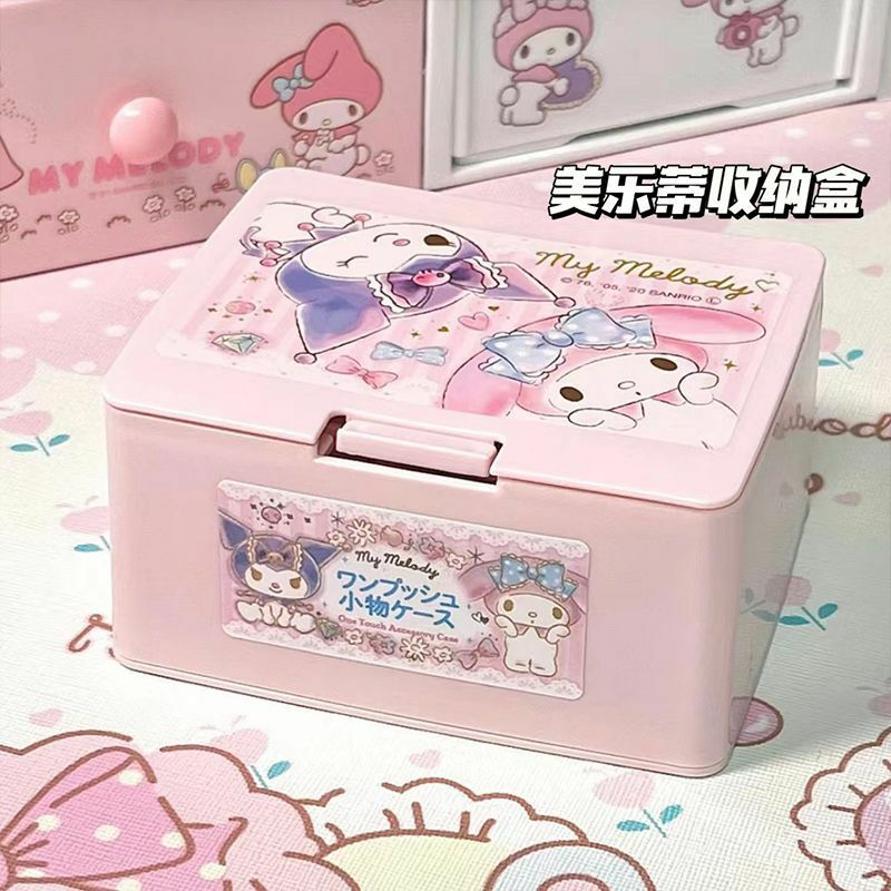 Sanrio Hello Kitty Kuromi Mijn Melodie Cartoon Creatieve One-Touch Open Deksel Make-Up Doos Katoenen Wattenstaafje Cosmetica Desktop Opslag