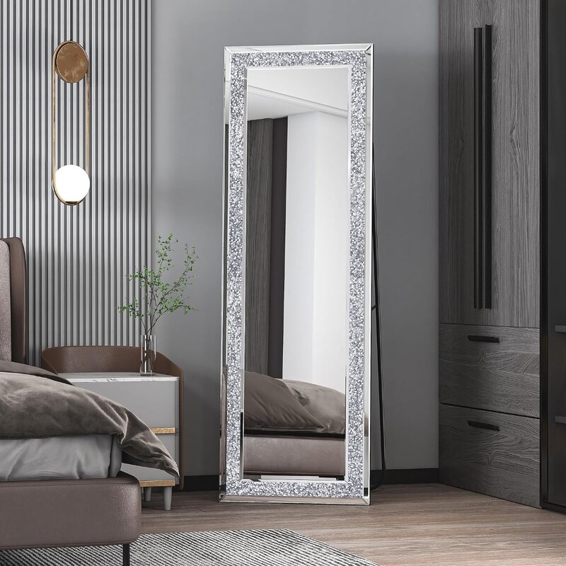 Specchio da pavimento a figura intera in cristallo MUAUSU-59 "x 18" specchio per tutto il corpo con diamante schiacciato specchio lungo in argento per soggiorno in camera da letto