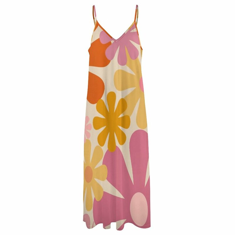 레트로 60 년대 꽃-빈티지 스타일 꽃 패턴, Thulian 핑크, 오렌지, 겨자, 크림 민소매 드레스, 여름 드레스