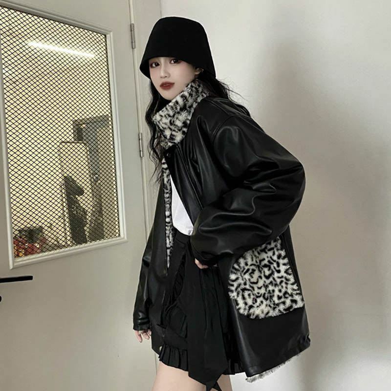 PU Leather Jacket Women Fleece Autumn Winter Streetwear Leopard Print Jacket Reversible Windproof Motorcycle Jacket Warm Thick