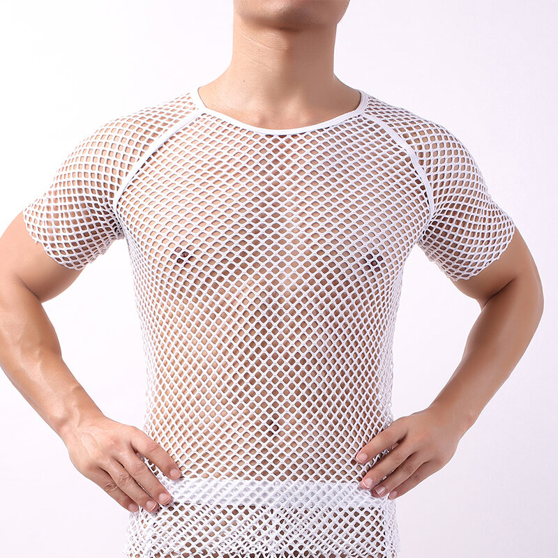 Seksowne męskie podkoszulki bielizna nocna spodenki rękaw Mesh przezroczyste koszulki kabaretki Slip Homme koszule Tee sportowe bluzki na co dzień Camiseta