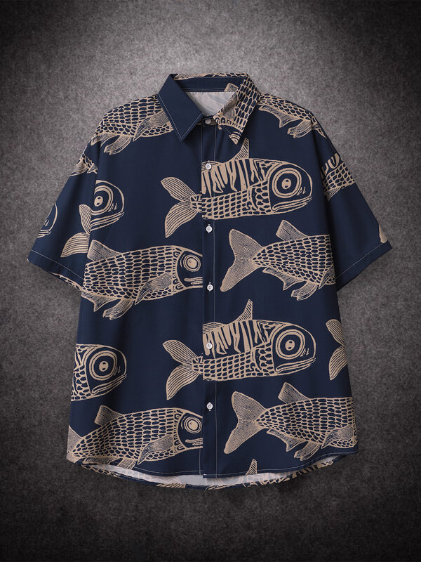 Camisas casuales de gran tamaño para hombre, camisas con estampado de peces pequeños, estilo americano, moda callejera frita, 2022