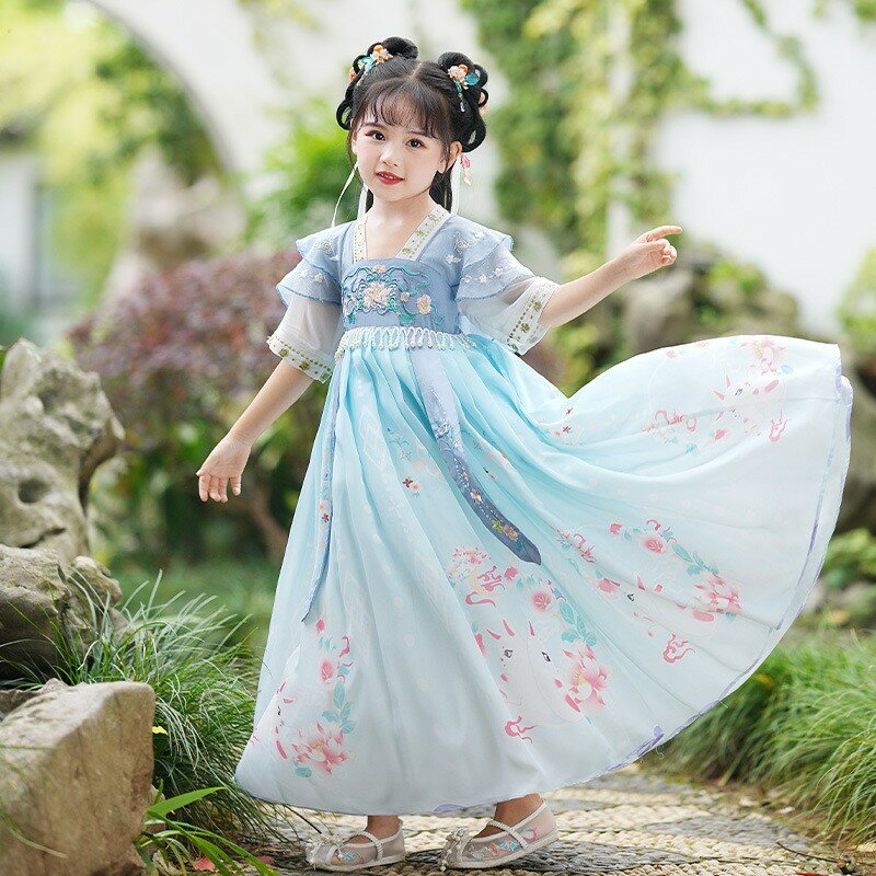 2023 한푸 드레스 어린이 고대 중국 전통 한푸 소녀 요정 코스프레 의상, 여름 한푸 댄스 공연 드레스