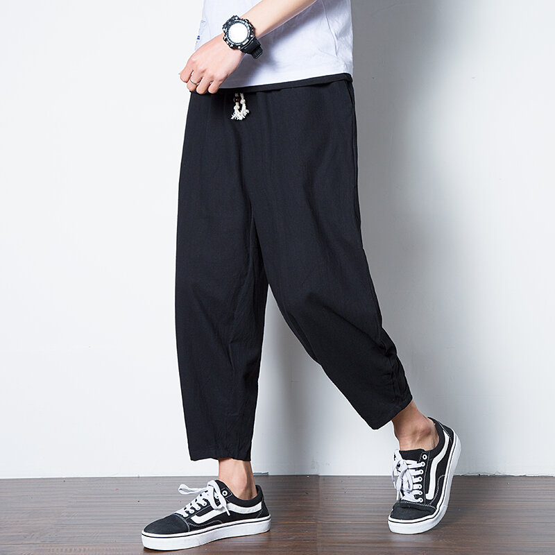 100% Cotton Cool Summer Casual Pants Man Trendy Japanese Cropped Pants Loose Wide Leg Pants Women