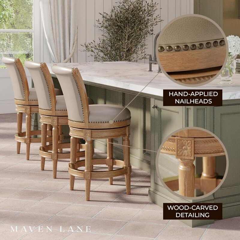 Maven Lane Pullman 26 Inch Tall Counter Height Upholstered Barstool with Back in Weathered Oak Finish with Avanti Bone Vegan Lea