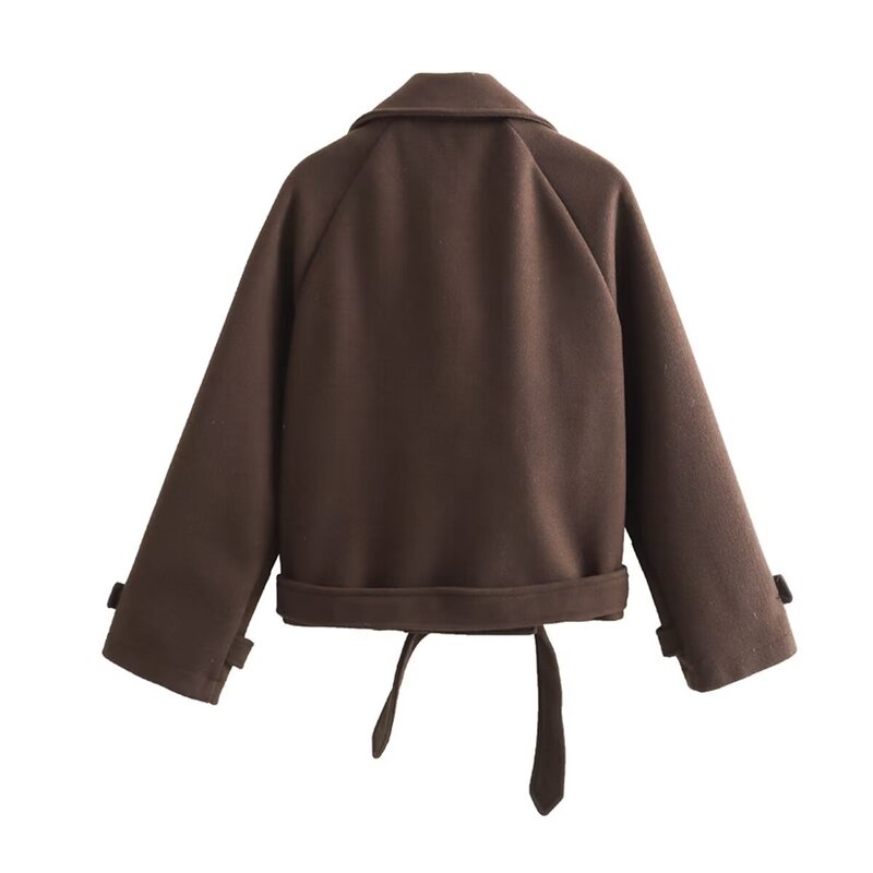 Trench coat de peito duplo feminino com cinto, casaco de lã, bolsos vintage de manga longa, casacos femininos, tops chiques, nova moda