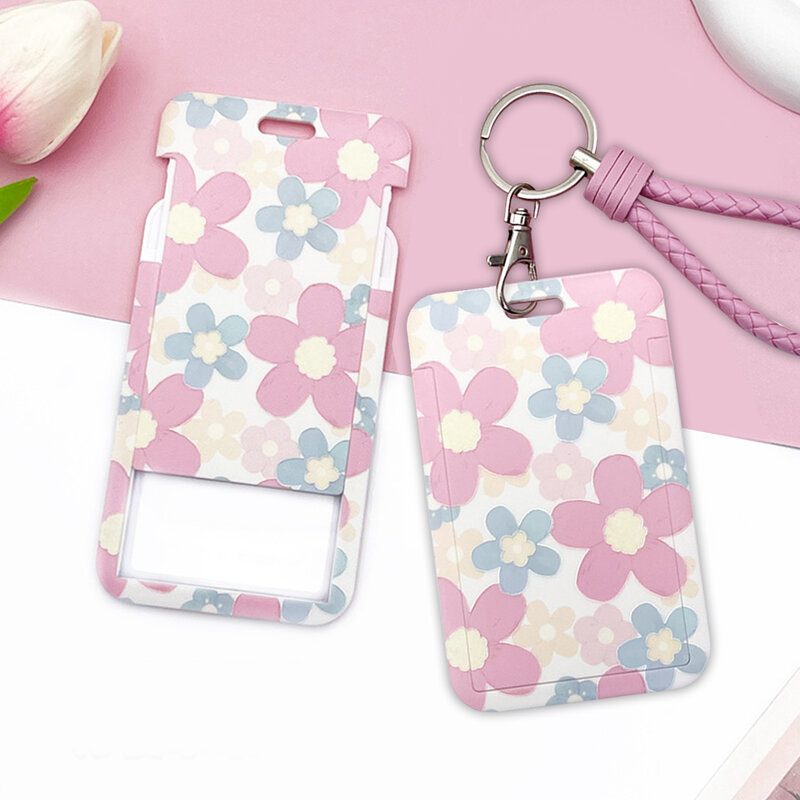 Plastic Card Sleeve Romantic Flower Pattern Bank ID Card Holders Students Women Landscape Bus Card Cover Case With Key Chain
