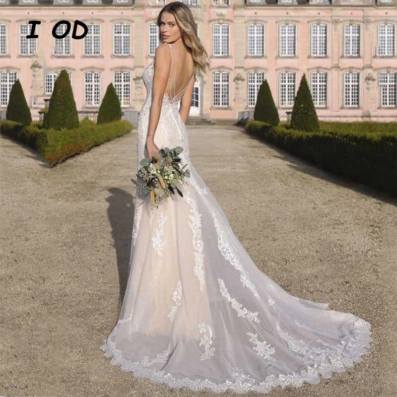 Женское свадебное платье с юбкой годе I OD, элегантное платье невесты до пола без рукавов с V-образным вырезом, аппликацией и открытой спиной, индивидуальный пошив