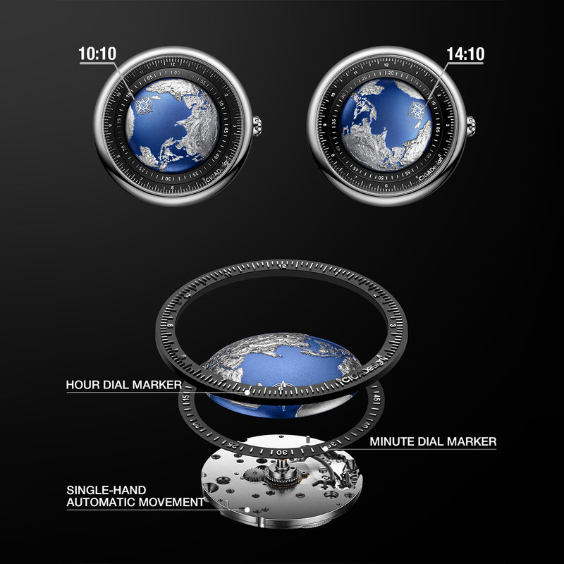 นาฬิกาข้อมือตัวเรือนสแตนเลสสตีล/ไททาเนียมสุดหรูนาฬิกาจักรกลอัตโนมัติรูปดาวเคราะห์สีน้ำเงินดีไซน์ CIGA