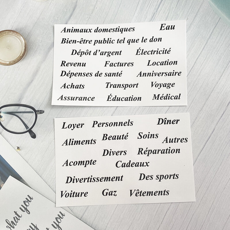 Libro de trabajo de presupuesto de cuero PU A6, organizador de Planificador de Francia, 8 bolsillos con cremallera, hojas de presupuesto, 2 piezas, pegatinas del alfabeto francés