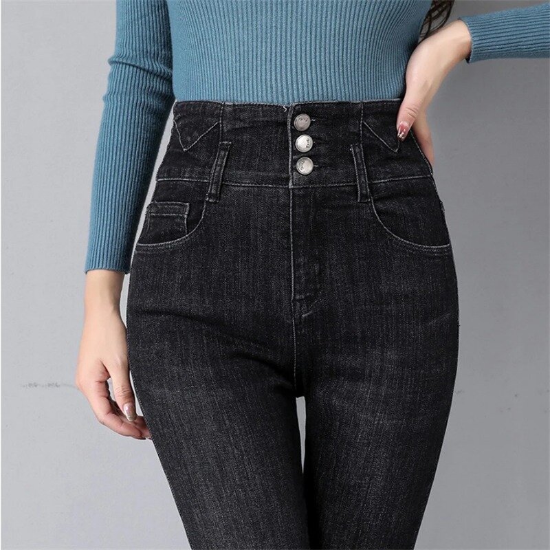 Jeans pensil panjang pergelangan kaki 34 ukuran besar wanita untuk musim semi musim gugur celana Denim Skinny kasual pinggang tinggi melar Vaqueros Pantalon
