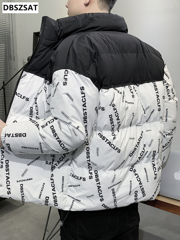 2023 nova jaqueta de inverno masculina quente parka moda retalhos carta impressão à prova vento grosso térmico casaco casual plus size 6xl 7xl 8xl