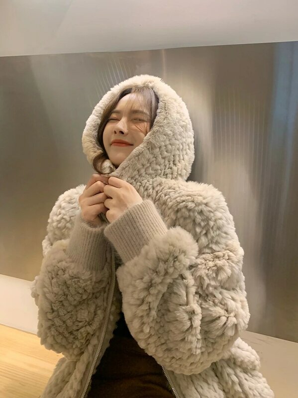 Abrigo de piel de conejo de imitación Rex para mujer, abrigo corto de felpa con capucha, suelto, de invierno