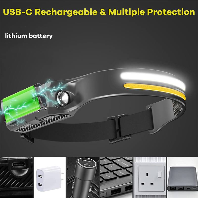 USB recarregável LED Sensor farol, farol para lanterna de pesca, cabeça tocha, Camping busca luz, lanterna, XPE + COB
