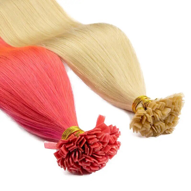 Ekstensi rambut ujung datar rambut manusia ekstensi rambut buatan warna pirang Keratina rambut manusia 12-24inci sambungan rambut lurus alami 50 buah/set