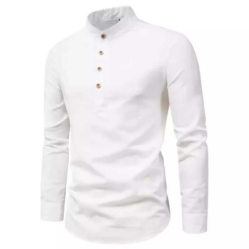 Pull boutonné en coton et lin pour homme, chemise à col montant, chemise décontractée, solide, document confortable et respirant, printemps et été, 2023