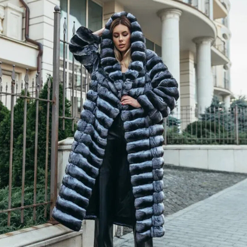 Long Coat For Women Rabbit Fur Jacket Women's Fur Coat With Hood Winter Jackets Women Fur Hooded Coats Real Chinchilla Fur
