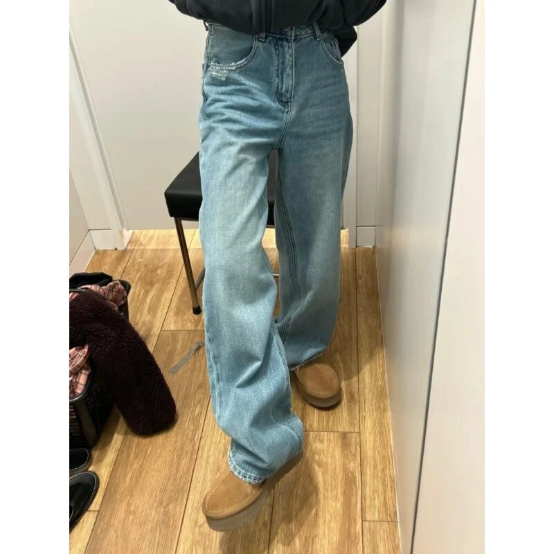 Women Blue Jeans Classic Baggy Straight Denim Trousers Korean Fashion High Waist Jeans Casual Female Basic Streetwear