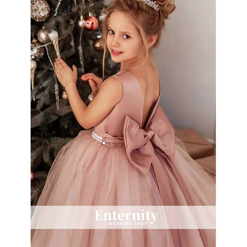 Princesse Enfant A-line O-Neck Bow Flower Girl Dress Tank Sleeve Ball Gown Open Back Floor-length Lovely Vestidos Para Niñas