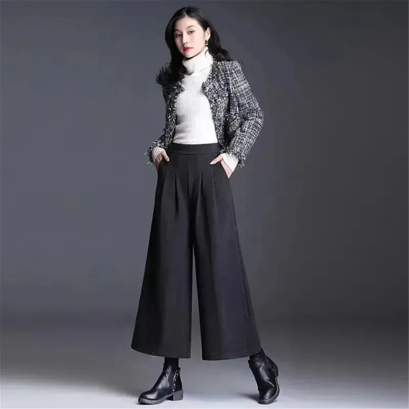 Wide Leg Pants For Women New Winter Thicken Warm Wool Pants Elegant High Waist Soft Skin Friendly Quality Skirt Pant Office Lady
