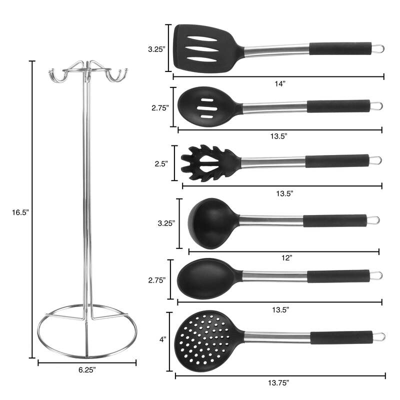 Set di utensili da cucina classici in acciaio inossidabile e Silicone da 7 pezzi, nero
