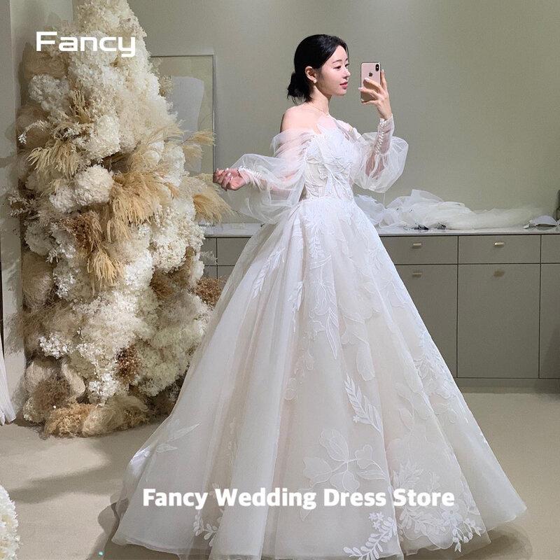 Fancy Elegant Ivory Off Shoulder Wedding Dress Korea Photo Shoot Lace And Tulle Bridal Gown Floor Length 웨딩드레스