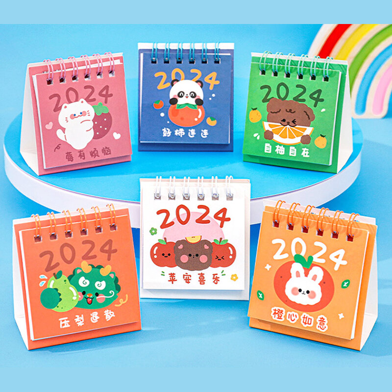 2024 Cartoon Mini Calendar studente Desktop decorazione in piedi anello a fogli mobili calendario data Record libro decorazione ornamenti