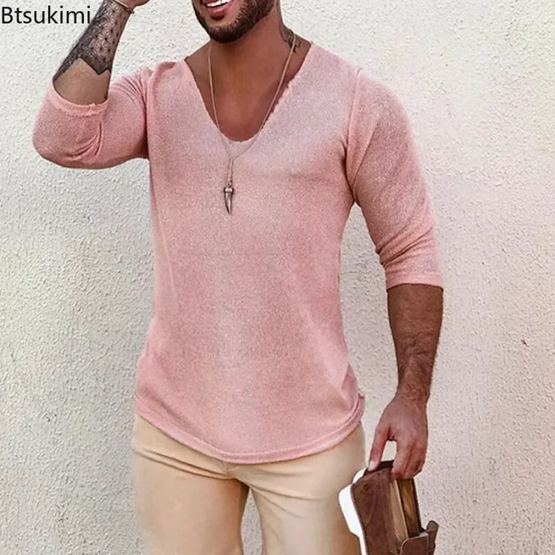 2024 Men's Casual Long Sleeve Kniited Sweaters Thin Style Mens Spring Autumn Clothing Solid V Neck Knitting Pullover Knit Tops