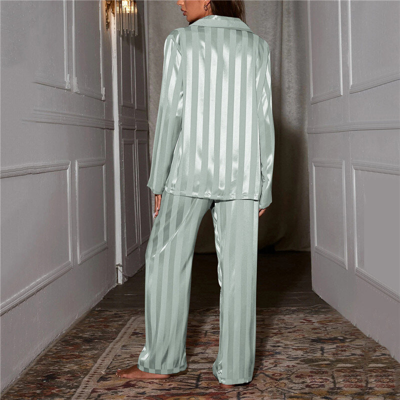 Conjunto de pijama a rayas para mujer, pijama de satén de seda francesa sólida, conjunto de dos piezas, pijama cómodo para el hogar