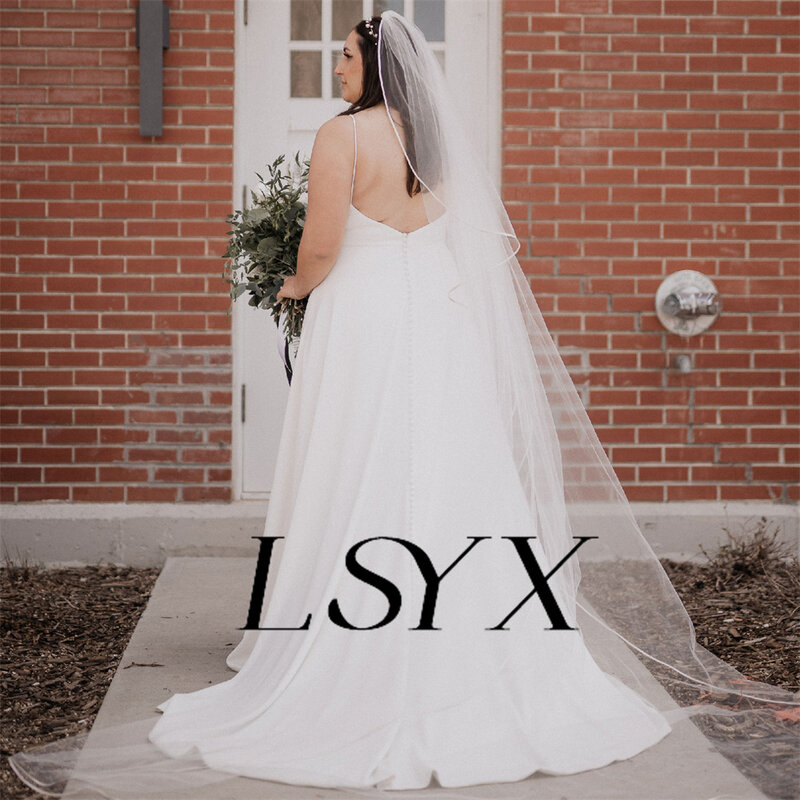 Lsyx einfaches tiefes V-Ausschnitt Crêpe ärmelloses träger loses Brautkleid offener Rücken a-Linie boden langes Brautkleid nach Maß