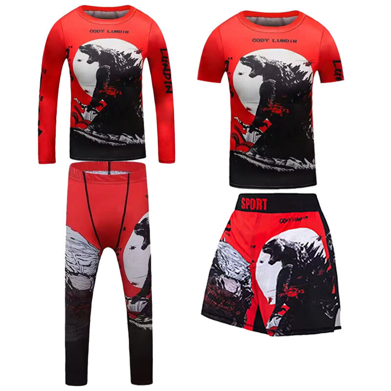 Full Sleeve Compression BJJ Kids and Youth Rash Guard T-shirts + Kickboxing MMA Trunks Boxing Pants Shorts 4 Piece Cody Set