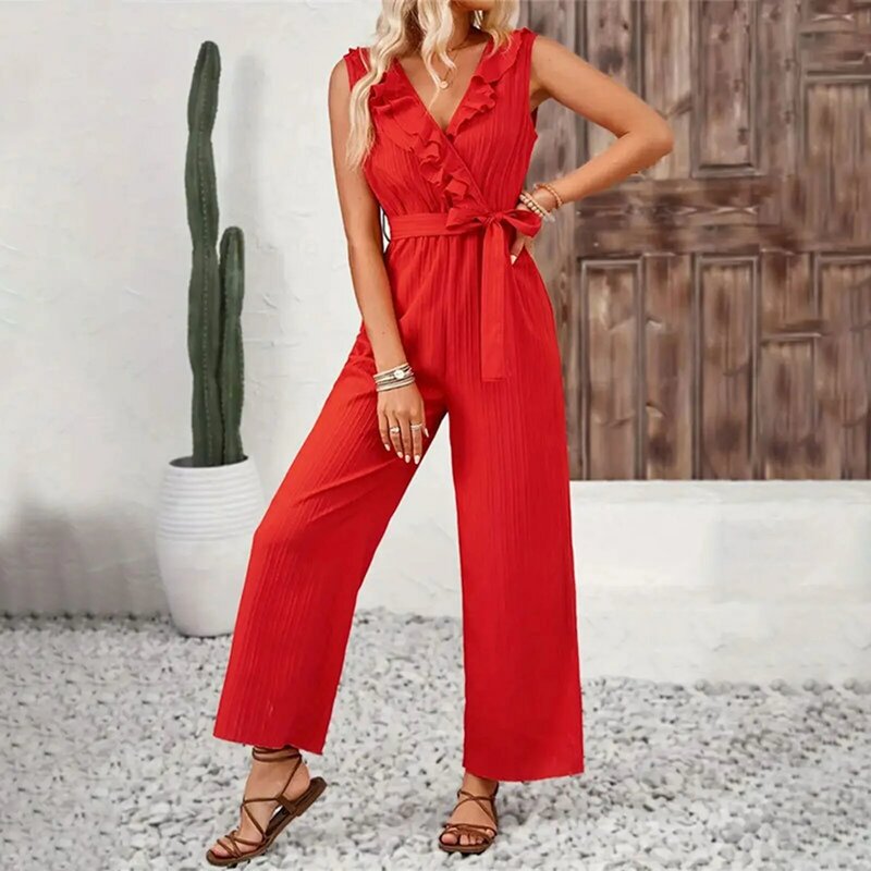 Summer Women'S Jumpsuits Fashion Trend Ruffled Sleeveless V-Neck Belt Wide Leg Straight Rompers Daily Casual Vacation Jumpsuits