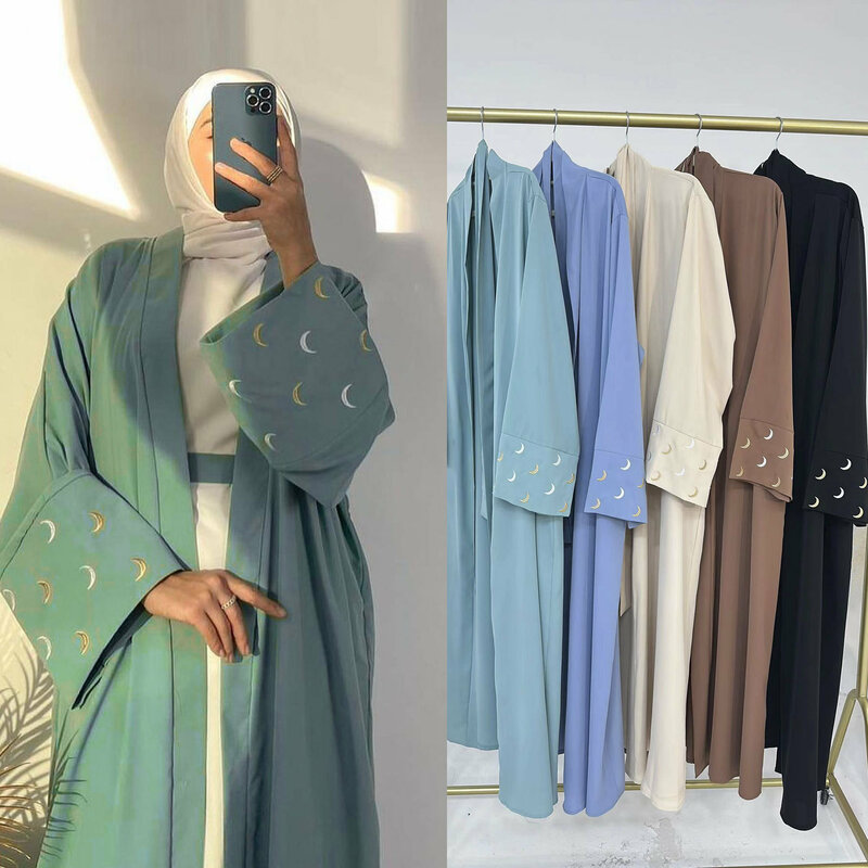 Dubai Eid Al-Adha Abayas Women Moon Embroidery Muslim Dress Turkey Kaftan Arabic Robe Islamic Jalabiya Kimono Cardigan Djellaba