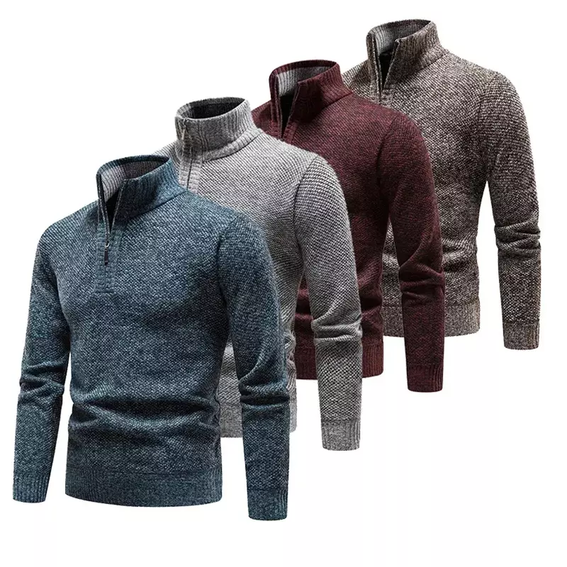 Jersey de cuello alto para hombre, suéter de poliéster de Color sólido, cálido, con media cremallera, informal, suave, de manga larga, a la moda, para invierno